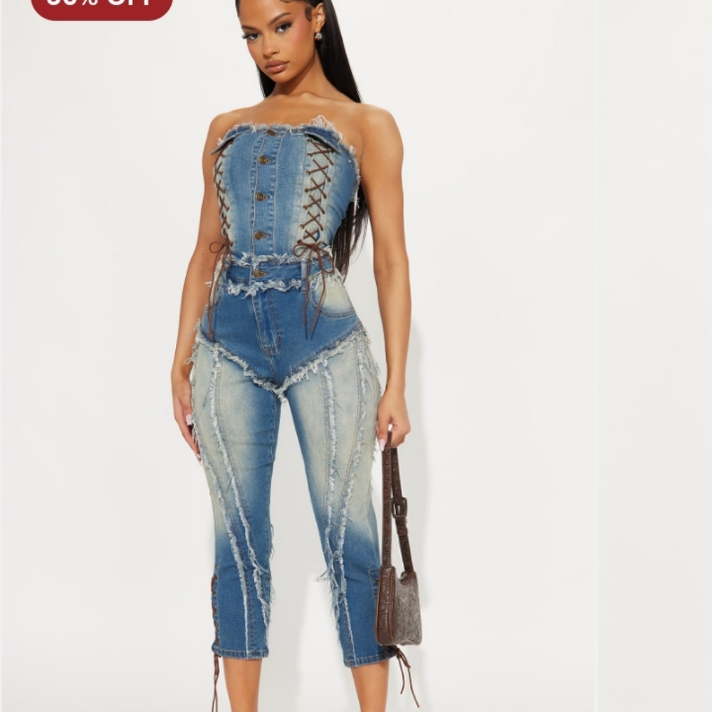 Brand New Without Tag Washed Denim Capri Jumpsuit